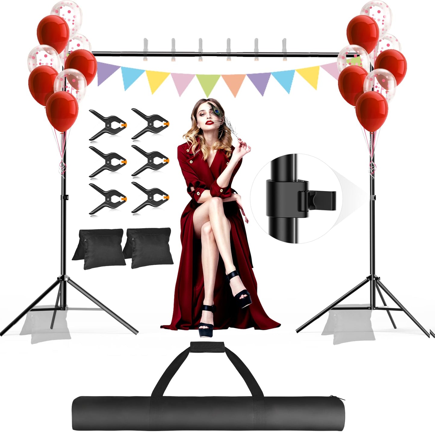 GLOSHOOTING Backdrop Stand, Photo Video Studio 10 x 10FT Adjustable Backdrop Stand, Background Support System Kit with 2 Crossbars, 6 Clamps, 2 Sandbags and Carry Bag for Photography Parties Wedding