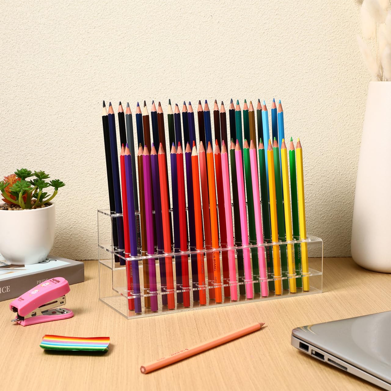 Cabilock 48-Slot Acrylic Pen Display Stand, Marker and Brush Organizer, Pen Holder, Makeup Eyebrow Art Brush Rack for Home Office Desk School