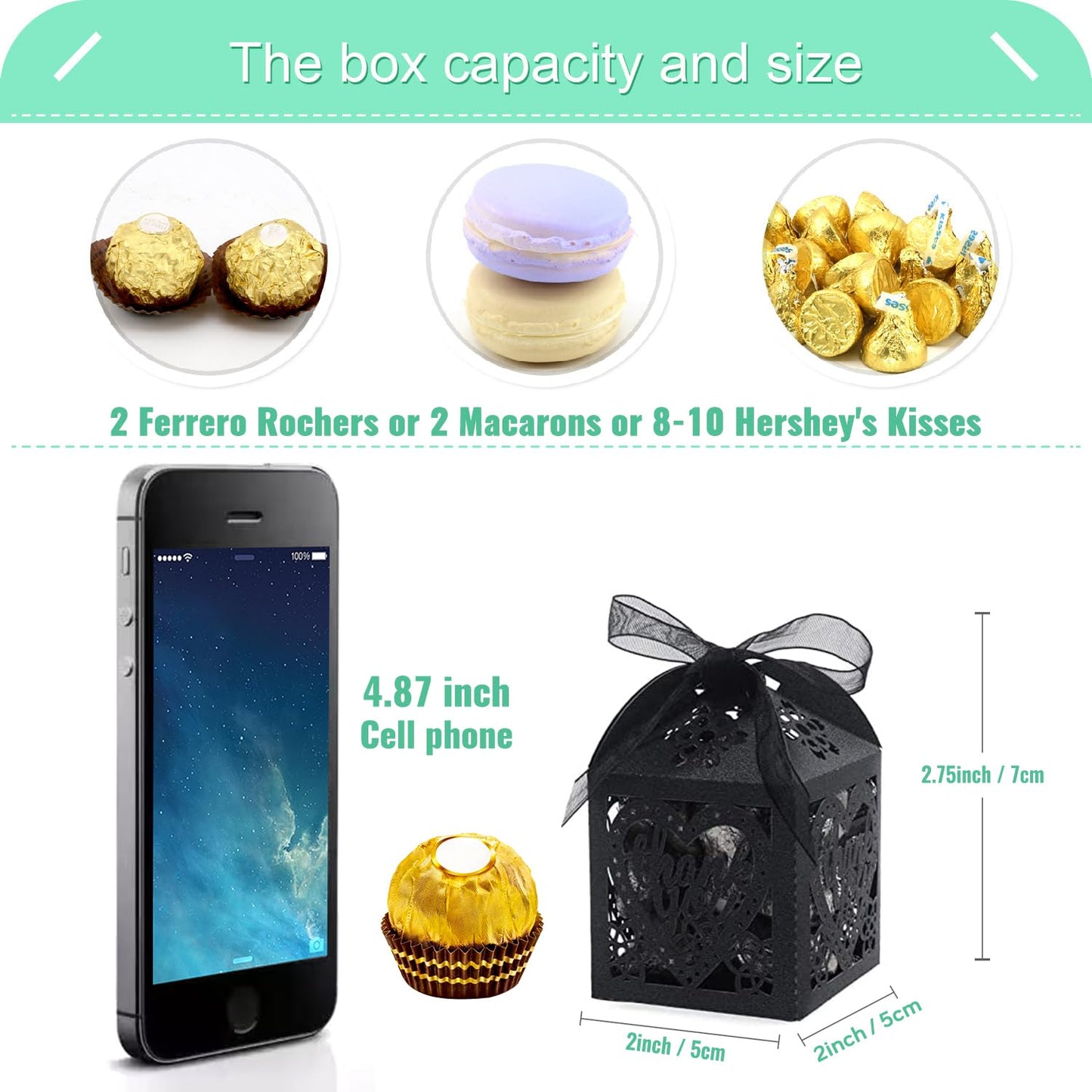 COTOPHER Laser Cut Boxes, 100pcs Thank You Gift Boxes Wedding Party Favor Boxes Lace Candy Boxes for Wedding Baby Shower Birthday Party Decorations with Ribbons (2x2x2.75inch, Black, 100)