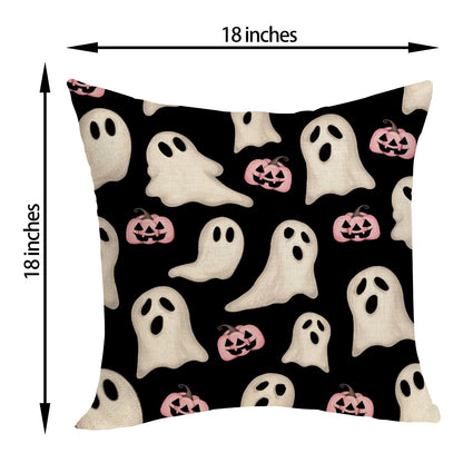Halloween Pillow Covers 18x18 Inch Set of Black Pink Ghost Pumpkin Throw Pillow Covers Outdoor Decor,Autumn Halloween Decoration Ghost Farmhouse Linen Decorative Cushion Cover for Sofa Couch