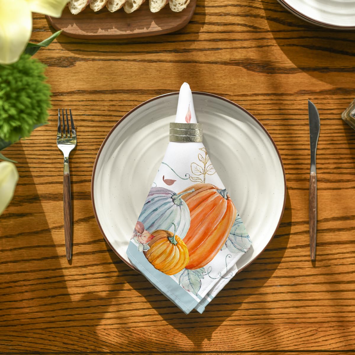 Horaldaily Fall Cloth Napkins 18 x 18 Inch, Thanksgiving Autumn Harvest Orange Blue Pumpkin Leaves Party Dinner Decoration Washable Napkins Set of 6