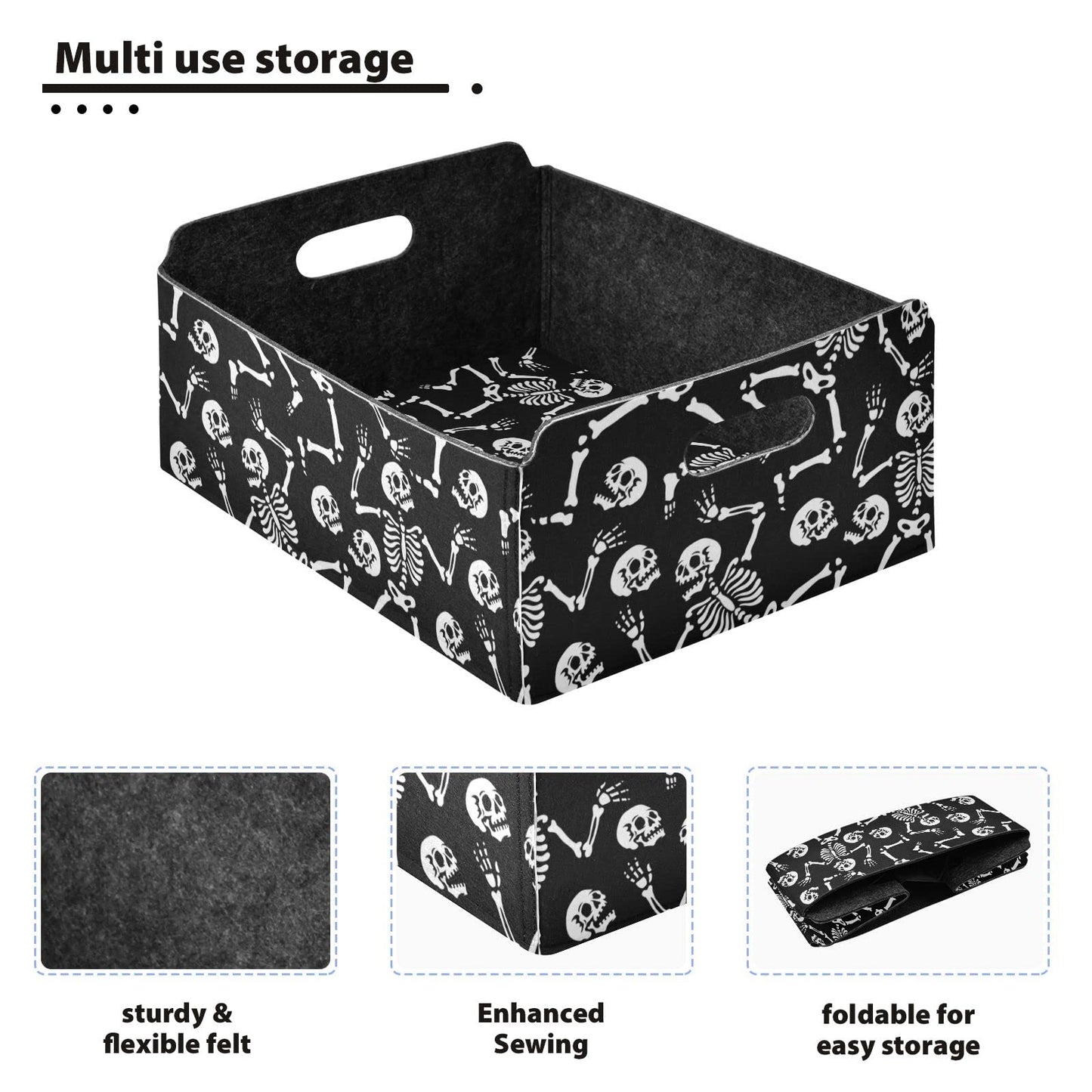 CaTaKu Foldable Storage Basket Halloween Skull Black Collapsible Felt Storage Bins with Handle Drawer Organizer Bin Cube Shelf Box for Organizing Closet Clothes Office Books Bedroom