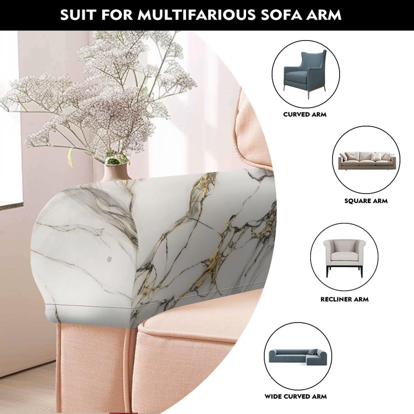 Qehuruxo White Marble Sofa Arm Covers Stretch Armrest Covers Washable Couch Arm Cover Stains Resistant Recliner Armchair Cover Anti-Slip Armrest Slipcovers Set of 2 Furniture Protector