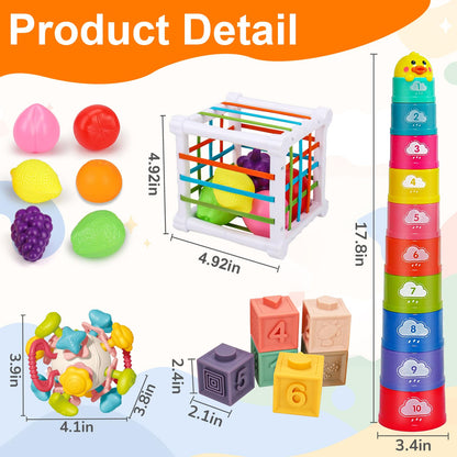 Montessori Baby Toys 6-12-18 Month, Infant Teething Toys Shape Sorter Bin Stacking Cups Blocks for toddlers 1-3, Sensory Educational Learning Toy for 6 7 8 9 10 Month Old Girl Boy 1 2 Year Old Gifts