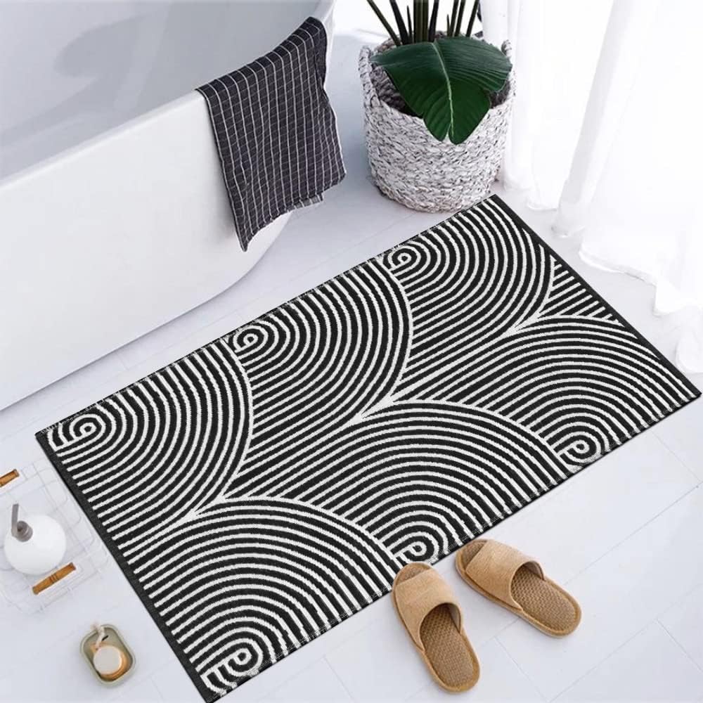 Tiffasea Front Door Mat 2'x3', Machine Washable Welcome Mats Cotton Woven Small Rug Reversible Indoor Outdoor Rugs Layered Floor Mat for Entryway/Kitchen/Bathroom/Bedroom(Black and White)