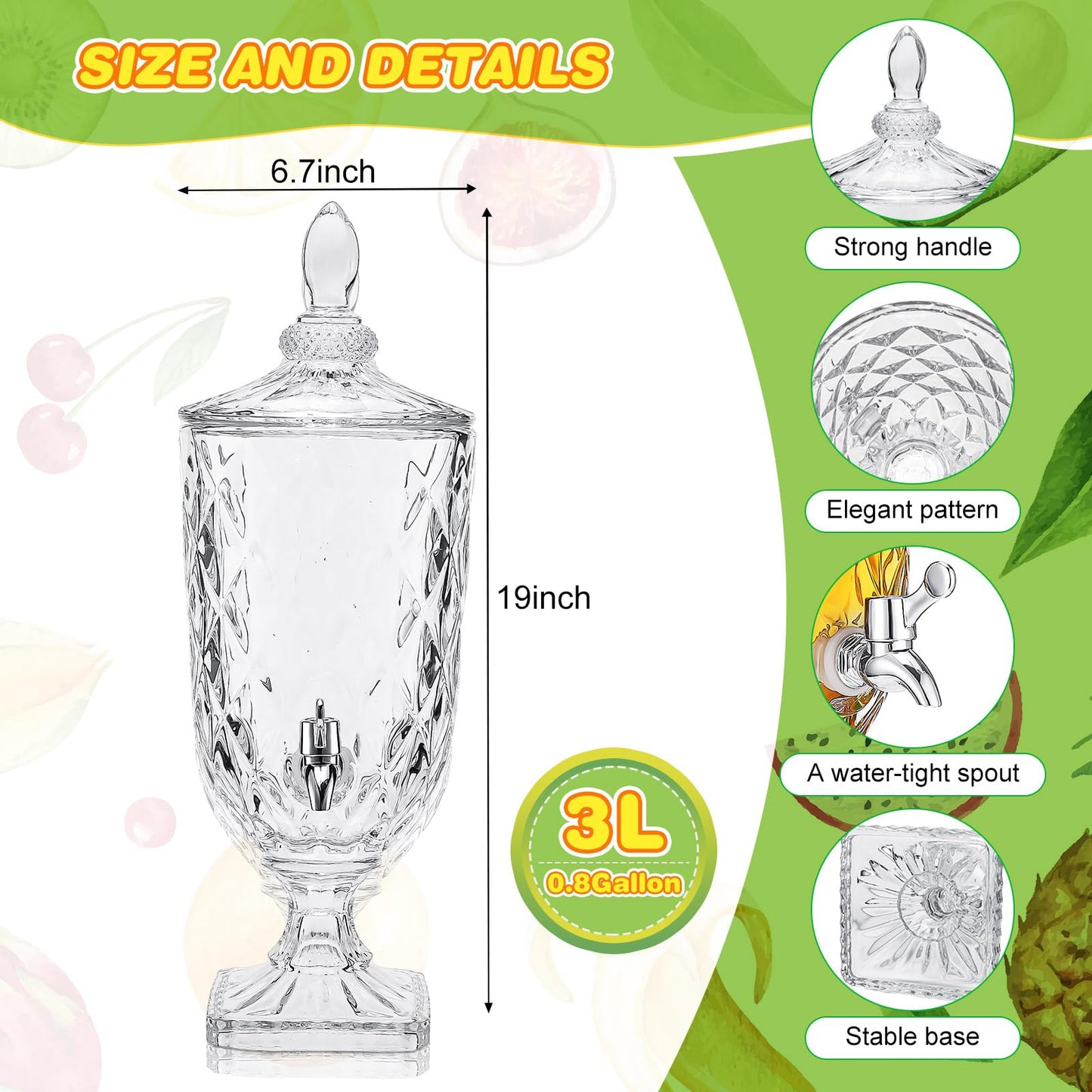 Nuogo 2 Pcs 0.8 Gallon Drink Dispensers for Parties Glass Beverage Dispenser with Stand and Spigot Vintage Iced Beverage Dispenser Crystal Drink Dispensers Glass Fountain for Birthday Party Home