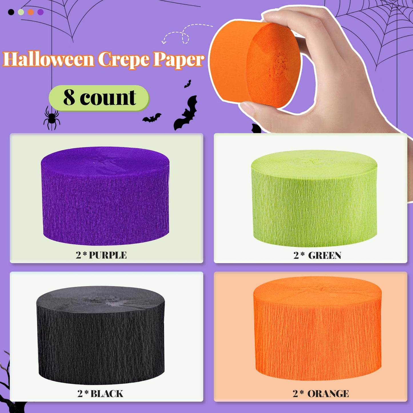 Riqiaqia Halloween Streamers, 8 Rolls Black & Orange Crepe Paper Streamers for Halloween Party Decorations, Birthday & Home Backdrop Decorations