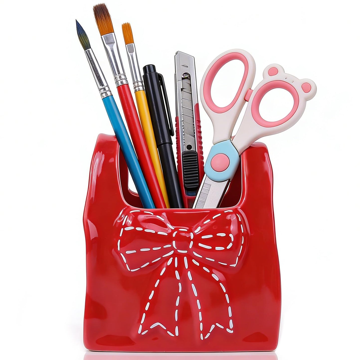 elephtree Bow Ceramic Pen Holder for Desk, Cute Pen Holder for Desk & Makeup Brush Holder, Multi‑Use Toothbrush Holders, Girly Desk Accessories for Office, Bathroom, Vanity Gift for Women Girls