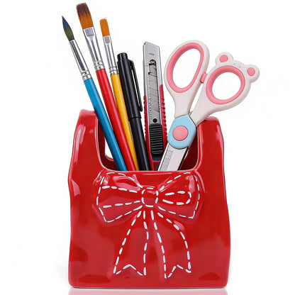 elephtree Bow Ceramic Pen Holder for Desk, Cute Pen Holder for Desk & Makeup Brush Holder, Multi‑Use Toothbrush Holders, Girly Desk Accessories for Office, Bathroom, Vanity Gift for Women Girls