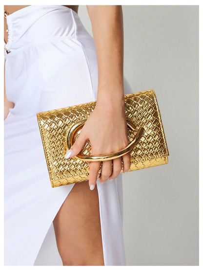 QWINEE Women's PU Leather Evening Wedding Party Clutch Purse with Chain Metal Decoration Trendy Causal Shoulder Bag Gold One Size