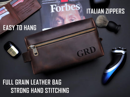 Mens Waterproof Toiletry Bag – Crafted in USA – Ideal Gift for Husband, Dad, Groomsmen, Boyfriend & Friend – Genuine Leather Toiletry Bag Customized Name or Initials – Personalized Travel Bag for Men