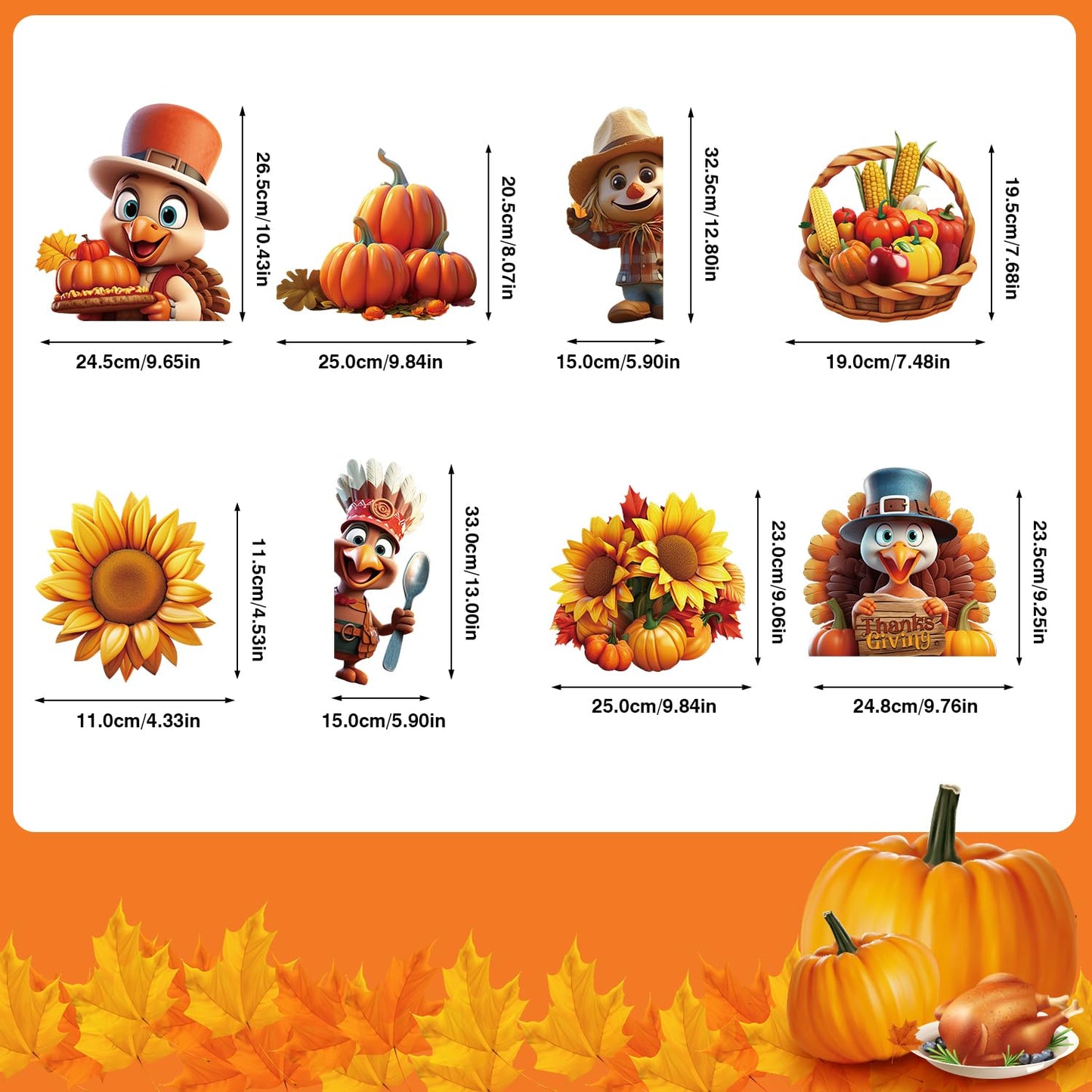LOKIPA 3D Thanksgiving Window Stickers, 8 Sheets Thanksgiving Window Clings Double Sided Windows Decals for Thanksgiving Windows Decorations
