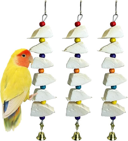 3 Pack Bird Chewing Toy Cuttlebone Parrot Toy with Bell Hanging Bird Beak Grinding Stone Parakeet Cage Accessories for Small & Medium Budgies Lovebirds Cockatiels (Block, 6 Per Skewer)
