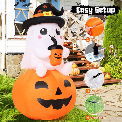 GOOSH 5 FT Halloween Inflatable Ghost Pumpkin Outdoor Decorations Blow Up Yard Ghost in Pumpkin with Built-in LEDs for Indoor Party Garden Lawn Decor