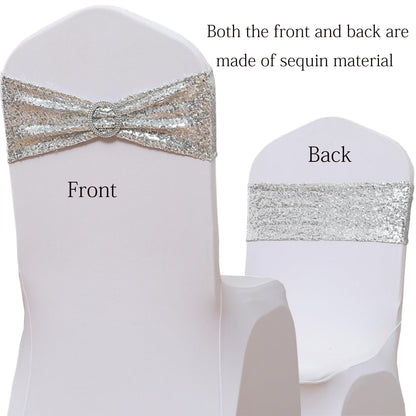 SINSSOWL Pack of 100 Spandex Sequin Silver Chair Sashes for Wedding, Chairs Bands Buckles for Party Folding Chairs Fiesta Baby Shower Christmas Decor - Silver Chair Sash Bows