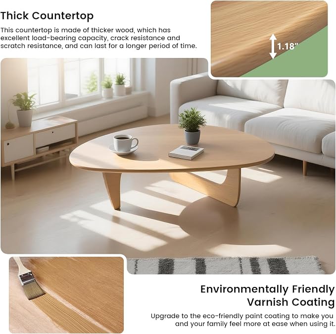 Modern Triangle Coffee Table: Unique Funky Soild Wood Coffee Tables for Living Room, Wooden Oval Mid-Century Modern Abstract Tea Tables for Patio Office Balcony Natural 43" L x 31" W x 16" H