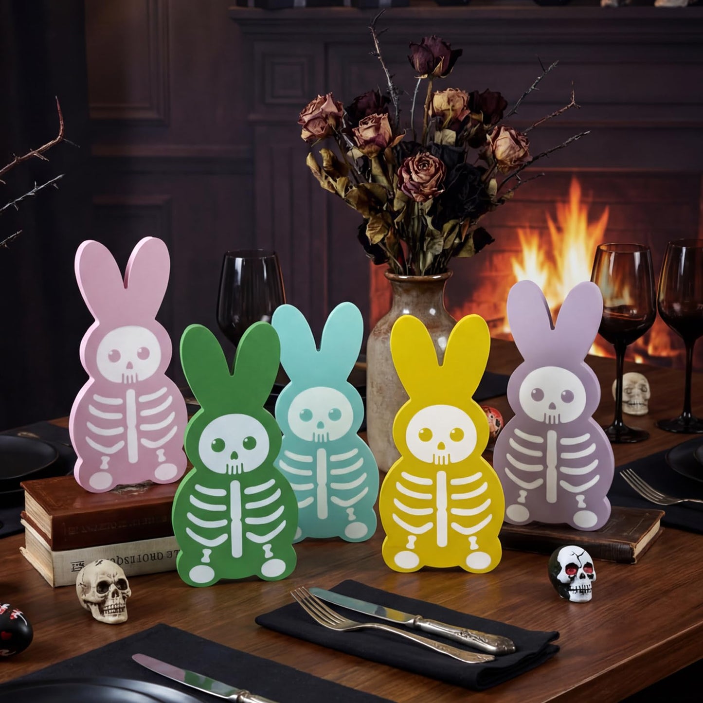 Vicenpal 5 Pcs 9.8'' Summer Halloween Skeleton Bunny Wooden Signs Spooky Halloween Tiered Tray Decor Rabbit Table Centerpiece for Goth Tabletop Decorations for Bedroom Office Shelf Party Supplies