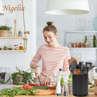 Nigelia Extra Large Kitchen Utensil Holder, 360° Rotating Stainless Steel Cooking Utensil Holder for Countertop, 3 Compartment Flatware Organizer & Cooking Caddy with Removable Base（Black）