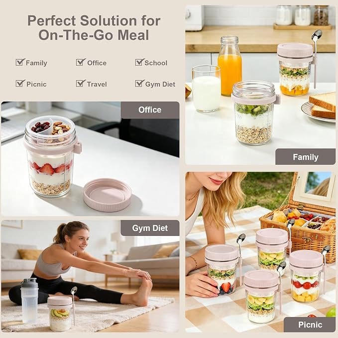 6 Pack Overnight Oats Containers with Lids and Spoon - 16 oz Glass Mason Jars with Separate Compartments Leakproof Chia Pudding Salad Yogurt Parfait Cups for Oatmeal Cereal Meal Prep (Beige)