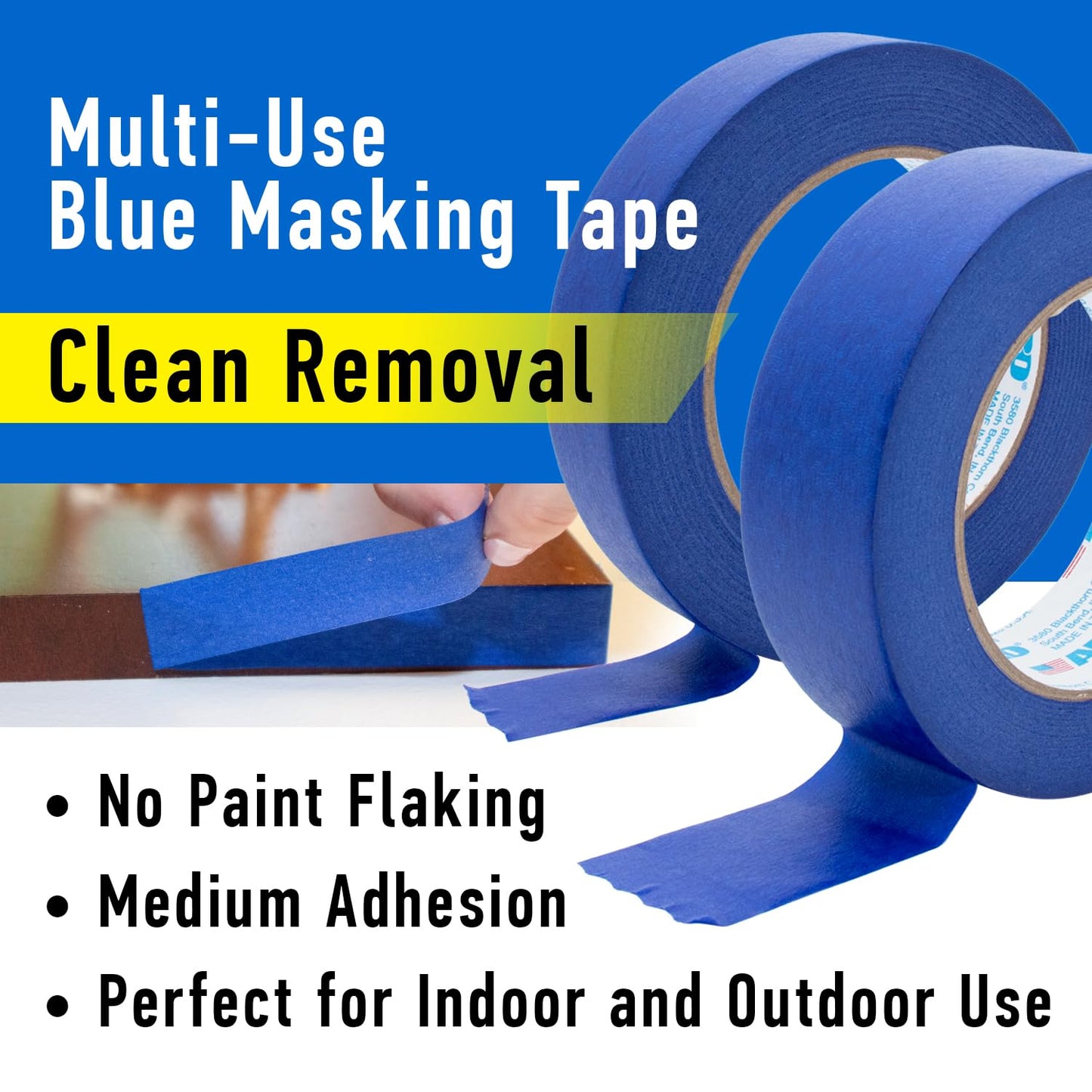 ABRO Blue Painters Tape 1.5 Inch Wide, 36mm x 55M, All Purpose Blue Tape, Temporary Labeling, Easy Tear, Clean Removal, Masking Tape Colored DIY or Pro - 3 Pack