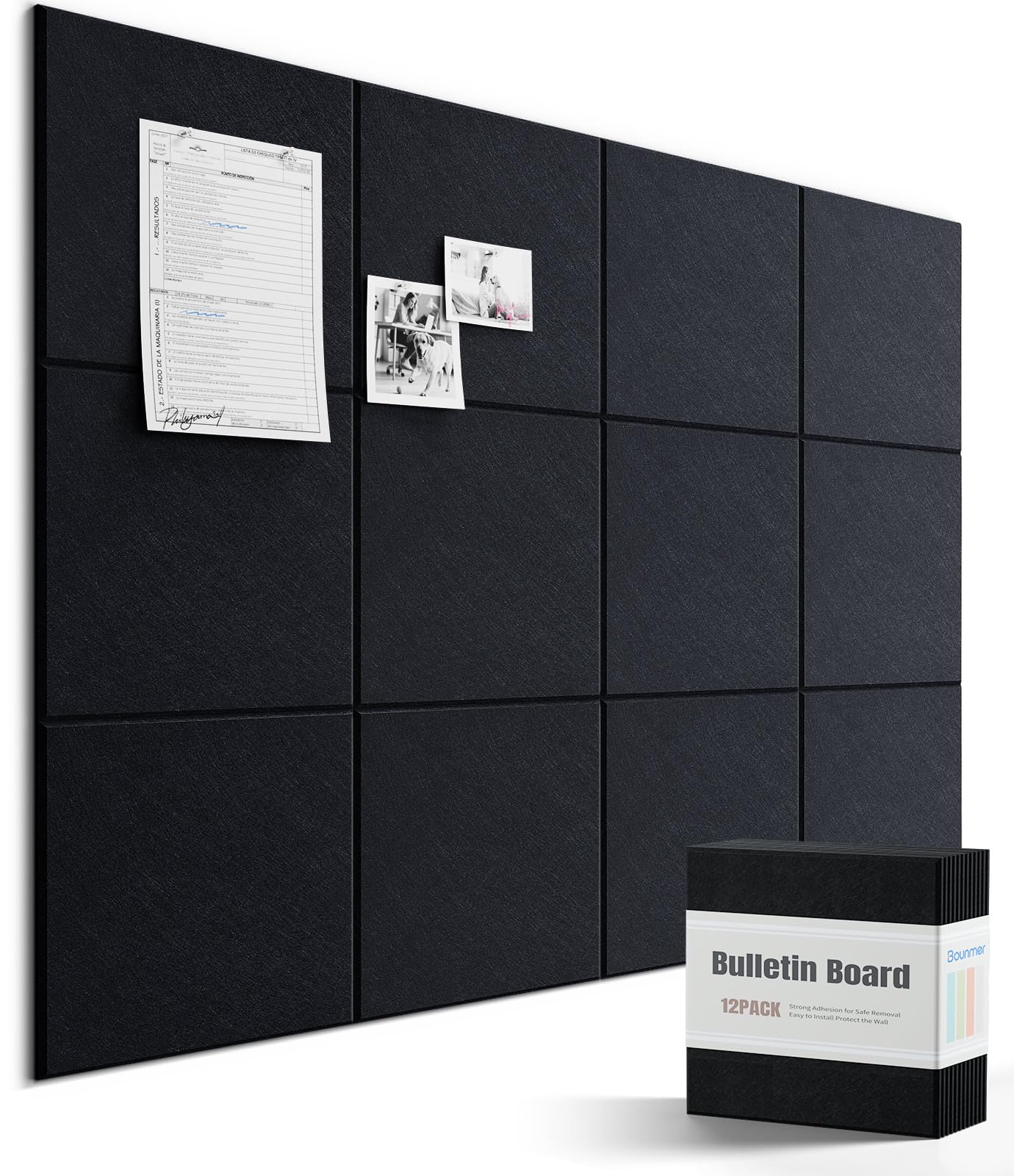 Bounmer Large Cork Bulletin Board - 48" x 36" Cork Board for Walls - 12 Pack Felt Tiles, 60 Removable Safe Adhesive Tabs & 30 Pushpins - for Office, School, Home Decor (Black)