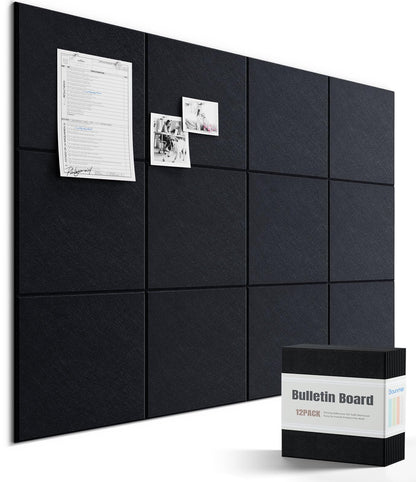 Bounmer Large Cork Bulletin Board - 48" x 36" Cork Board for Walls - 12 Pack Felt Tiles, 60 Removable Safe Adhesive Tabs & 30 Pushpins - for Office, School, Home Decor (Black)