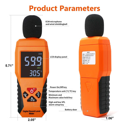 Sound Level Meter Reader with HD Backlit LCD Decibel and Ambient Temperature Meter, Sound & Noise Meter SPL Tester with Alarm, Fast/Slow, Data Hold, MAX/MIN, Auto Power-Off for Noisy Neighbors Office