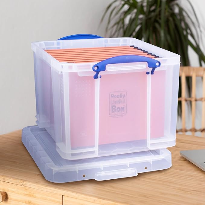 Really Useful Box 32 Liters Storage Bin Container with Snap Lid and Clip Lock Handles for Lidded Home and Office Storage Organization, 9 Pack