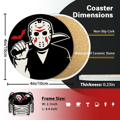 Pycat Halloween Horror Movie Characters Drink Coasters with Holder Set of 6, Bloody Black Absorbent Ceramic Cup Mat for Coffee Table Protection, 4 Inches Scary Home Kitchen Decor Housewarming Gifts