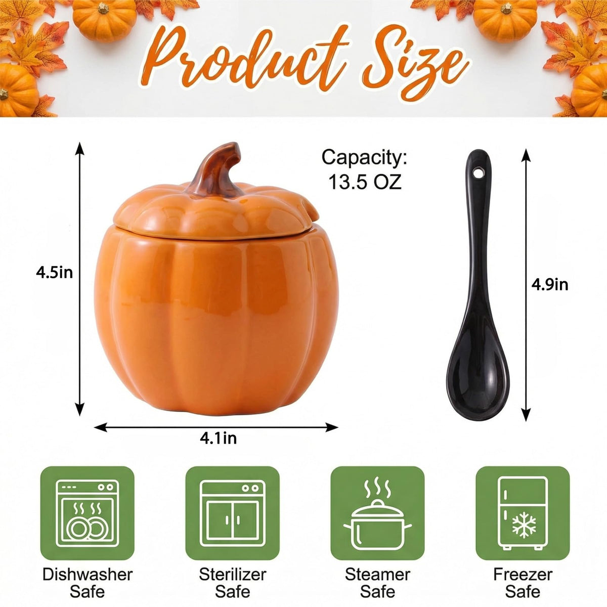 FTNESGYM Ceramic Salt Cellar with Lid and Spoon, 13.5oz Cute Pumpkin Shaped Spice Jar for Sugar, Salt, Spice, Decorative Spice Container for Fall Harvest & Halloween & Thanksgiving (Pumpkin)