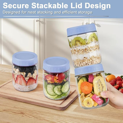 Overnight Oats Containers with Lids, 16oz Wide Mouth Mason Jars with Lids, 6 Pack Glass Jars with Airtight lid for Chia Pudding Yogurt Salad, Meal Prer Oatmeal Jars, Blue