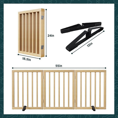 Semiocthome Bamboo Freestanding Dog Gates for Doorways, 3-Panel Indoor Puppy Gates for The House with 2 Metal Stands, 24"(H) Folding Pet Gate for Stairs Expands Up to 55"(W) No Installation Resquired