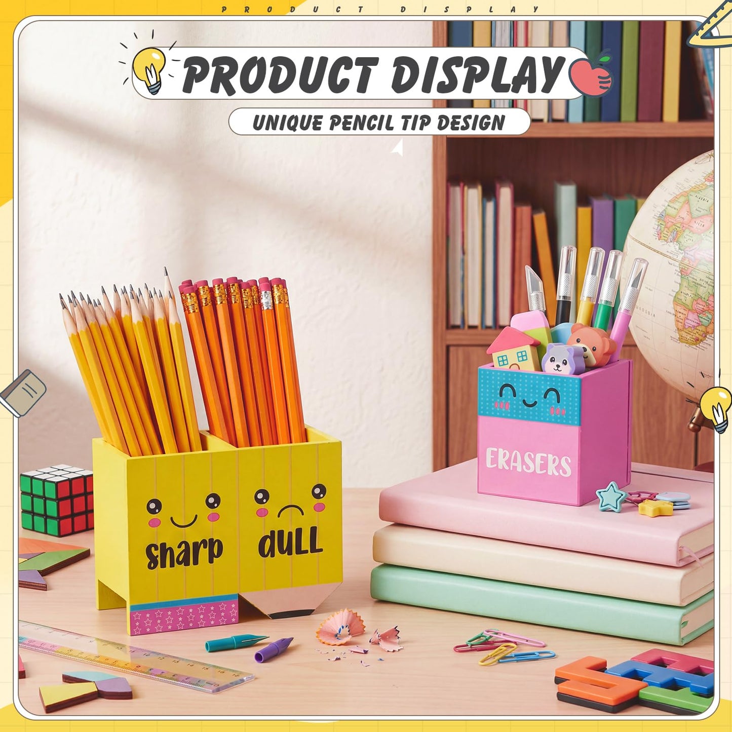 Eaasty Pencil Shaped and Sharp Dull Holder Eraser Wooden Dispenser Pencil Storage 3 Compartments for Back to School Teachers Classroom Organization (2 Pack,Stylish)