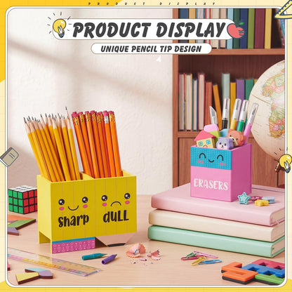Eaasty Pencil Shaped and Sharp Dull Holder Eraser Wooden Dispenser Pencil Storage 3 Compartments for Back to School Teachers Classroom Organization (2 Pack,Stylish)
