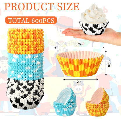 JarThenaAMCS 600Pcs Toy Inspire Game Cupcake Liner Cartoon Story Paper Cupcake Wrapper Cow Print Blue Cloud Checkered Disposable Muffin Cup for Baking Party Supplies, 2 x 1.2 in