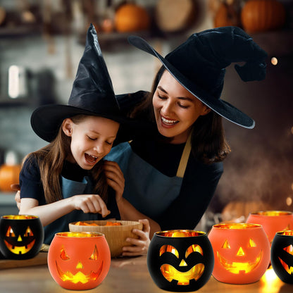 Whaline 6Pcs Halloween Candle Holder Black Orange Pumpkin Face Candlestick Glass Holder for Home Party Table Centerpiece Decor Supplies