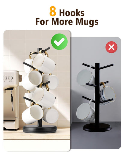 Lorbro Coffee Mug Tree, 360° Rotated Mug Holder with 8 Hooks, Wooden Coffee Cup Holder Rack Stand Accessories for Countertop Kitchen Decor Organizer