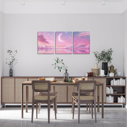 Feelyou Pink Galaxy 3 Piece Canvas Wall Art for Living Room Bedroom Starry Moon Wall Art for Home Decor Dreamy Nebula Office Decor Artwork Outer Space Picture Painting Posters