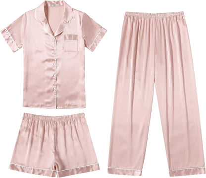 Ekouaer Silk Pajamas for Women Set Satin Pjs Soft Short Sleeve Button Down Sleepwear 3 Piece Loungewear S-XXL
