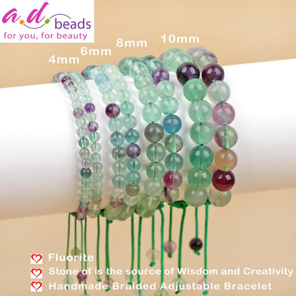 8mm Fluorite Bracelet - Stone of is the source of Wisdom and Creativity - Handmade Natural Stone Crystal Bracelet with Adjustable Macrame String - Yoga Healing Power Energy Gifts for Men and Women