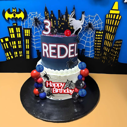 Spider Cake Topper, Spider Web Cake Decorations Spiders Theme Cake Decor Glitter Happy Birthday Toppers Red Black Blue Balls Cupcake Topper for Boys Men Baby Shower Party Supplies