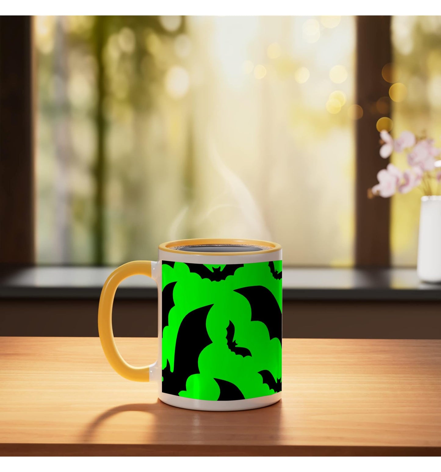 acid green halloween vampire bats goth scary macabre horror Ceramic Mug, Yellow/White