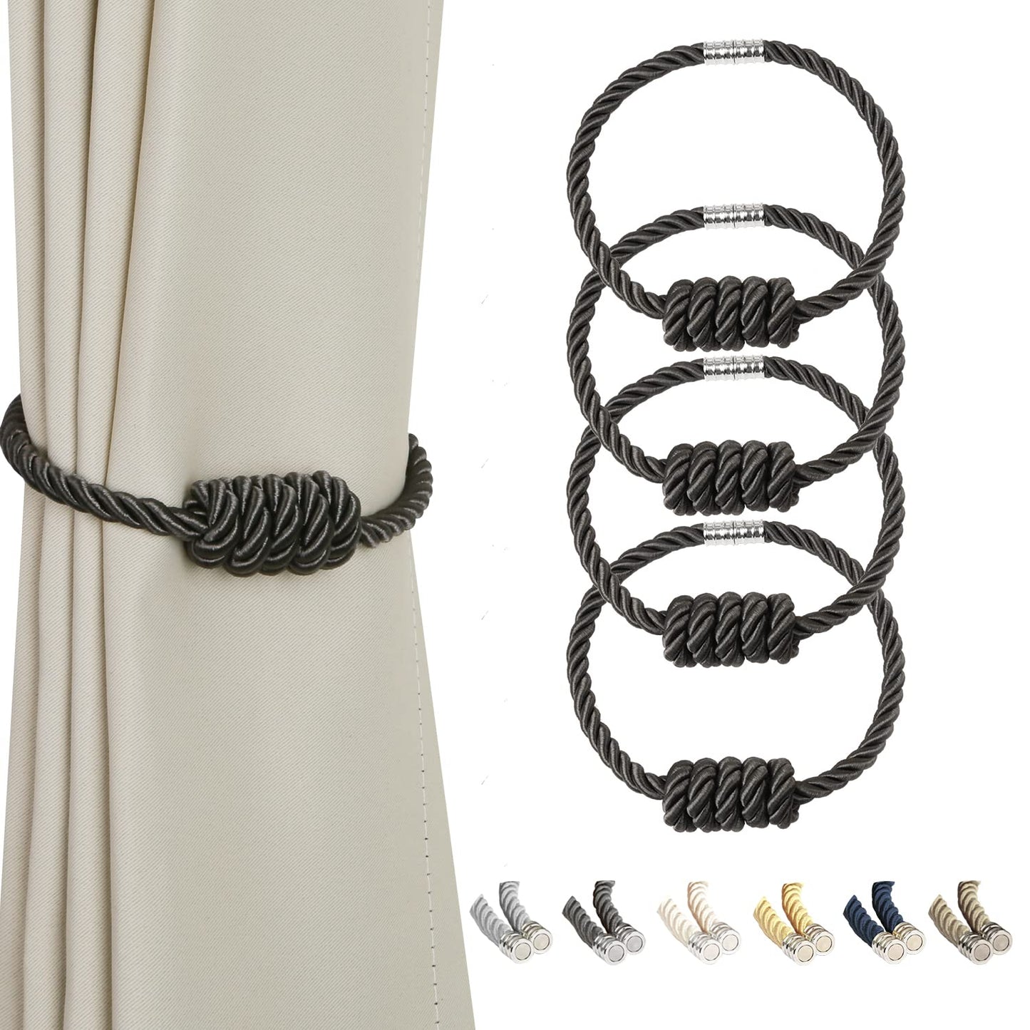 BEL AVENIR Magnetic Curtain Tiebacks, Decorative Drapery Holdbacks Modern Woven Tie-Backs with Exquisite Knot (Charcoal, 4 Pack)