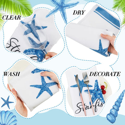 Oudain 6 Pcs Beach Kitchen Towels Ocean Coastal Hand Towel Sea Theme Nautical Starfish Shells Tea Dishcloths 24 x 16 Inches Seahorse Dish Cloths for Home Kitchen Bathroom Xmas Gifts
