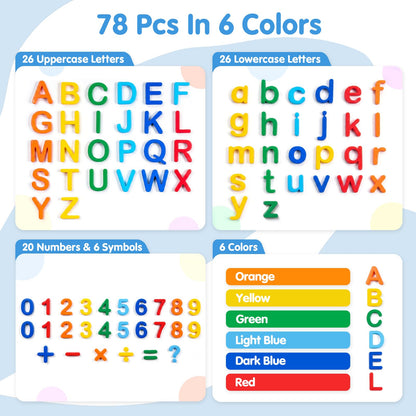 Odoorgames 78 Pcs Plastic Magnetic Letters & Numbers – Upgraded Magnets & 6 Colors - ABC Alphabet Magnets for Toddlers, Fridge & Whiteboard Learning Set