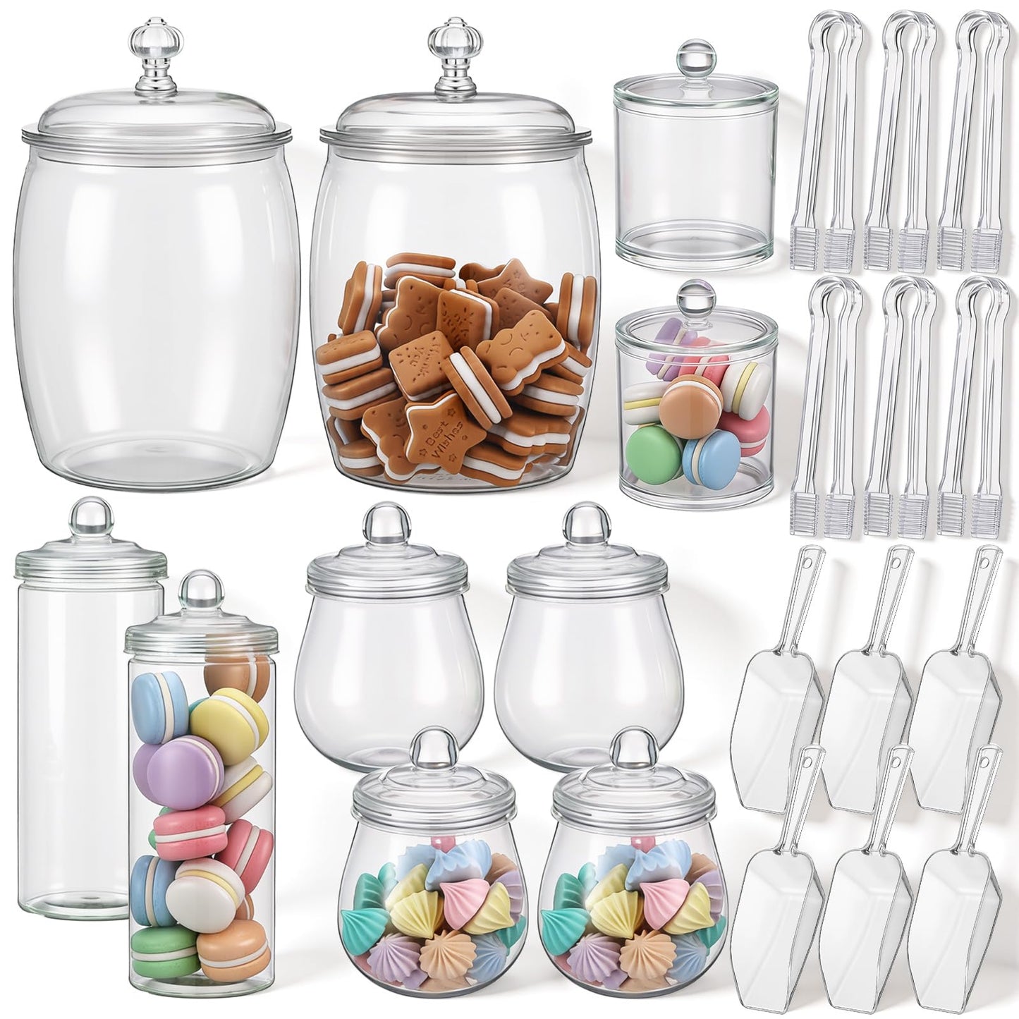 Suclain 10 Pcs Plastic Candy Jars with Lids Apothecary Jars with 6 Set Ice Tongs and Scoops Cookie Jar Candy Buffet Containers Candybar Supplies for Graduation Gift Birthday Party Wedding Decoration