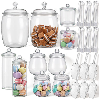 Suclain 10 Pcs Plastic Candy Jars with Lids Apothecary Jars with 6 Set Ice Tongs and Scoops Cookie Jar Candy Buffet Containers Candybar Supplies for Graduation Gift Birthday Party Wedding Decoration