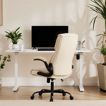 Sweetcrispy Computer Gaming Chair, Ergonomic High Back Heavy Duty Task Desk Office Chairs with Wheels, Flip-up Arms, Adjustable Height, PU Leather, Cream