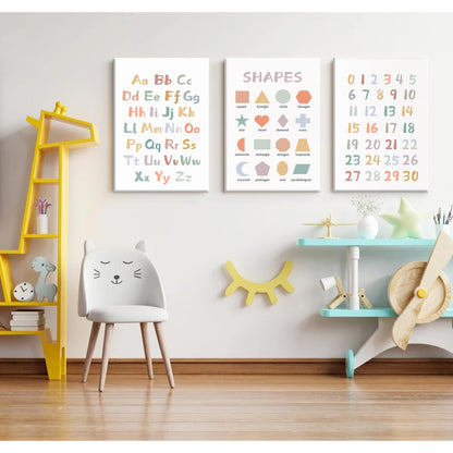 Kids Playroom Wall Art Decor Nursery ABC Alphabet Poster Play Room Canvas Wall Decor Toddler Childrens Educational Artwork Numbers Shapes Prints ABC Picture for Playroom 12x16 Inch Ready to Hang 3Pcs