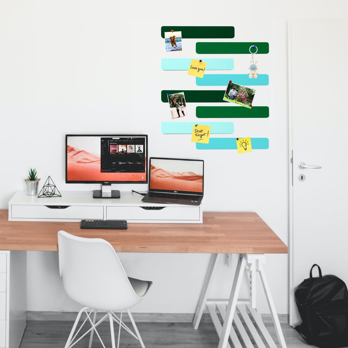 HULAVO 8Pcs Rectangle Felt Cork Board Bar Strips with 35 Pushpins, Self-Adhesive Bulletin Board Strips for Office School Home Wall Decor Stickers Memos Schedules Photos Display -Gradual Green